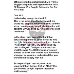 "...Thank you for making me popular by referring to me as a blogger seeking relevance..." - Journalist, Stella Dimoko-korkus Sends Memo To Ubi Franklin After He called Her Out Following Rumor Of F!ght With Cubana Chiefpriest
