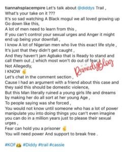 "I know a lot of Nigerian men who live this exact lifestyle...If you can't control your s€xual urges and angēr, it will lead to your d0wnfall" - Tiannah's Place Warns Men As She Talks On Diddy's Trial