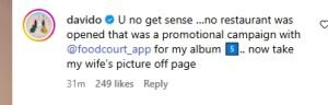 "You no get s€nse.. Now take my wife's picture off page" - Davido Fires Back At Sarah Martins Over Restaurant Comment