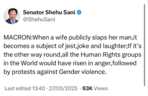 "If it's the other way round, all the human rights groups in the world would have risen in anger followed by protests against gender v!olence" - Shehu Sani Reacts To Video Of President Macron's Wife Shoving His Face